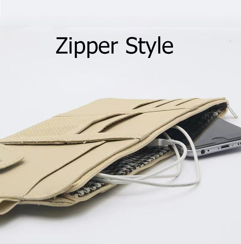 Car Sun Visor Organizer - Premium PU Leather Multi-Pocket Storage Pouch with Zipper, Sunglass Holder Clip, Pen Loop, and Card Sleeves; Universal Fit for Documents, Receipts, and Toll Slips, Grey.