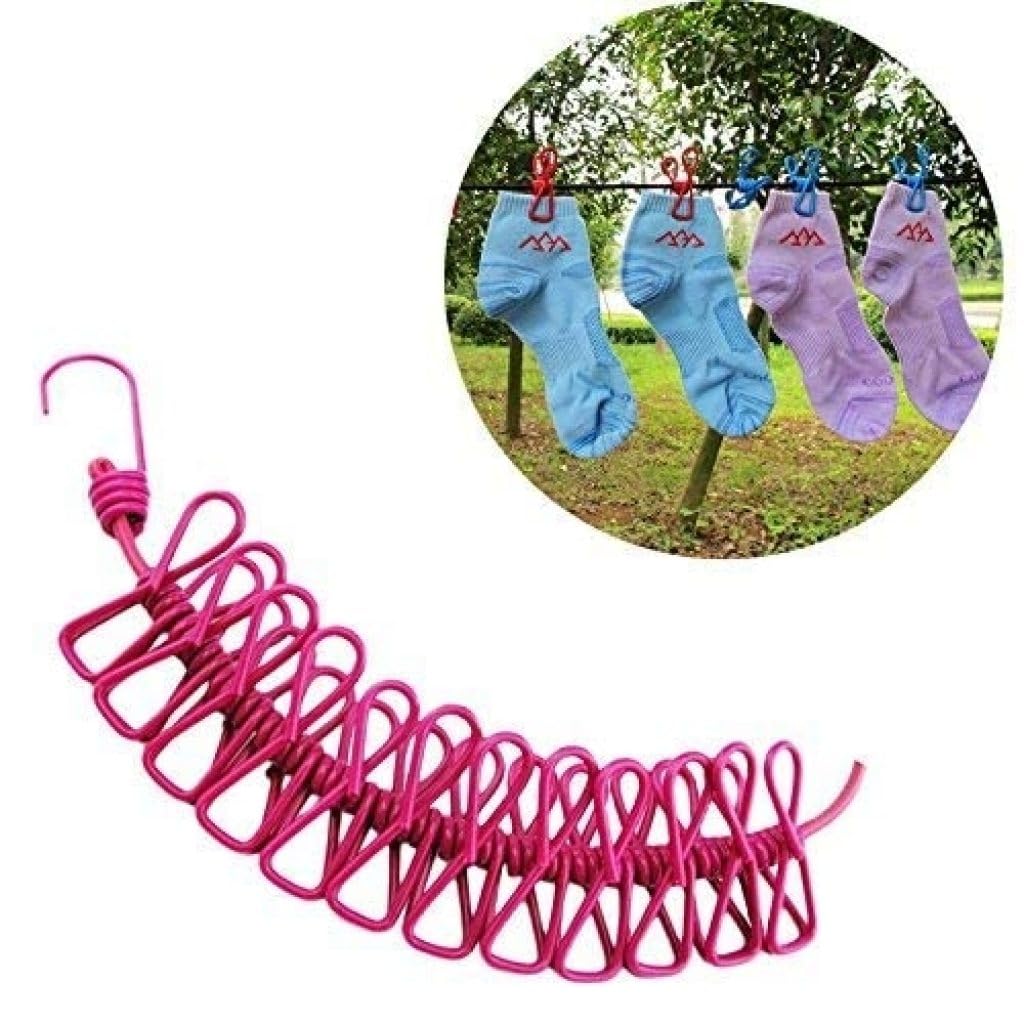 Clothes Drying Rope with Clips – Elastic Travel Clothesline with 12 Hooks for Indoor & Outdoor Laundry