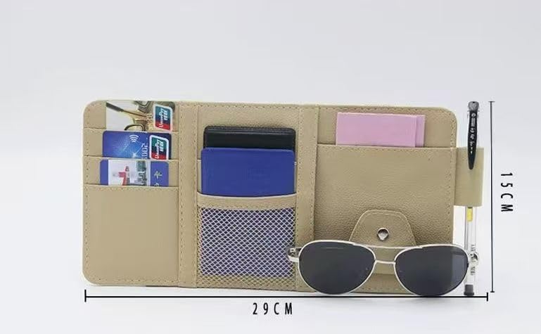 Car Sun Visor Organizer - Premium PU Leather Multi-Pocket Storage Pouch with Zipper, Sunglass Holder Clip, Pen Loop, and Card Sleeves; Universal Fit for Documents, Receipts, and Toll Slips, Grey.