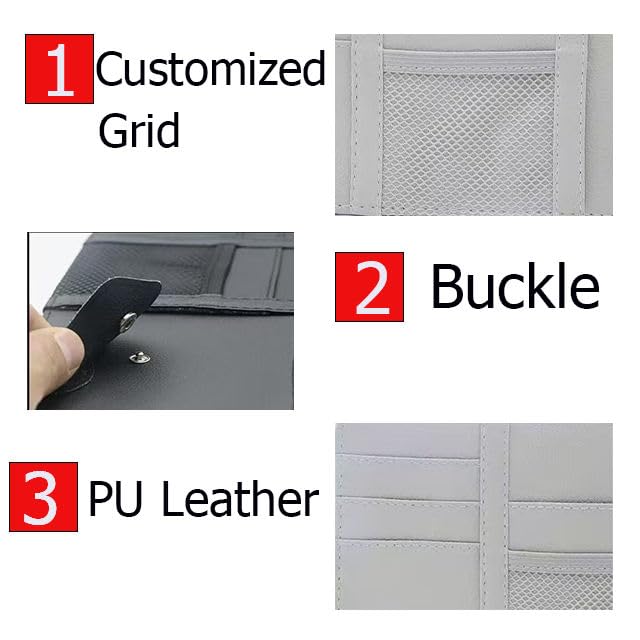 Car Sun Visor Organizer - Premium PU Leather Multi-Pocket Storage Pouch with Zipper, Sunglass Holder Clip, Pen Loop, and Card Sleeves; Universal Fit for Documents, Receipts, and Toll Slips, Grey.