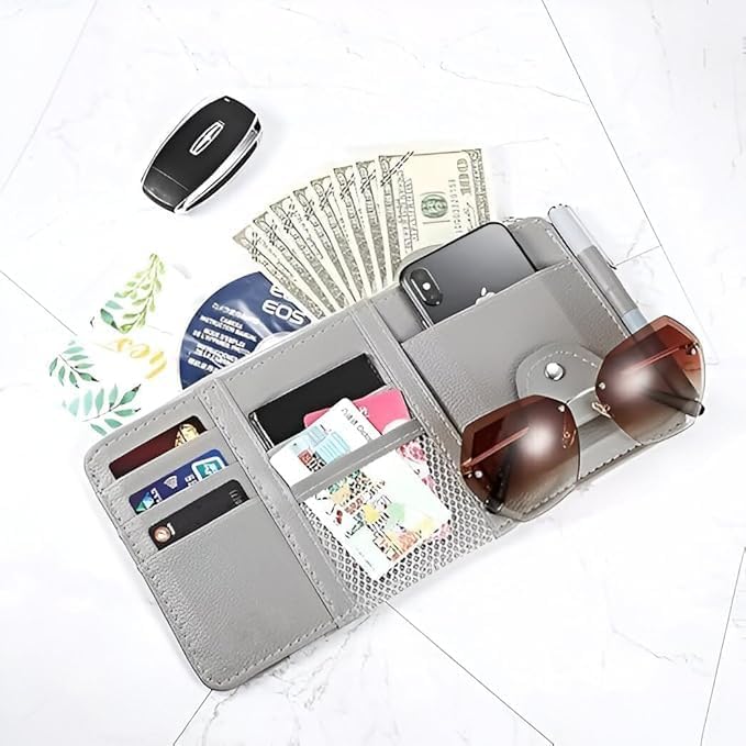 Car Sun Visor Organizer - Premium PU Leather Multi-Pocket Storage Pouch with Zipper, Sunglass Holder Clip, Pen Loop, and Card Sleeves; Universal Fit for Documents, Receipts, and Toll Slips, Grey.