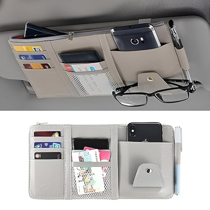 Car Sun Visor Organizer - Premium PU Leather Multi-Pocket Storage Pouch with Zipper, Sunglass Holder Clip, Pen Loop, and Card Sleeves; Universal Fit for Documents, Receipts, and Toll Slips, Grey.