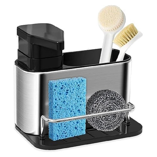 3-in-1 Kitchen Sink Organizer Caddy with Soap Dispenser | Sponge Holder, Brush Storage Compartment, Removable Drip Tray, For Kitchen Countertop