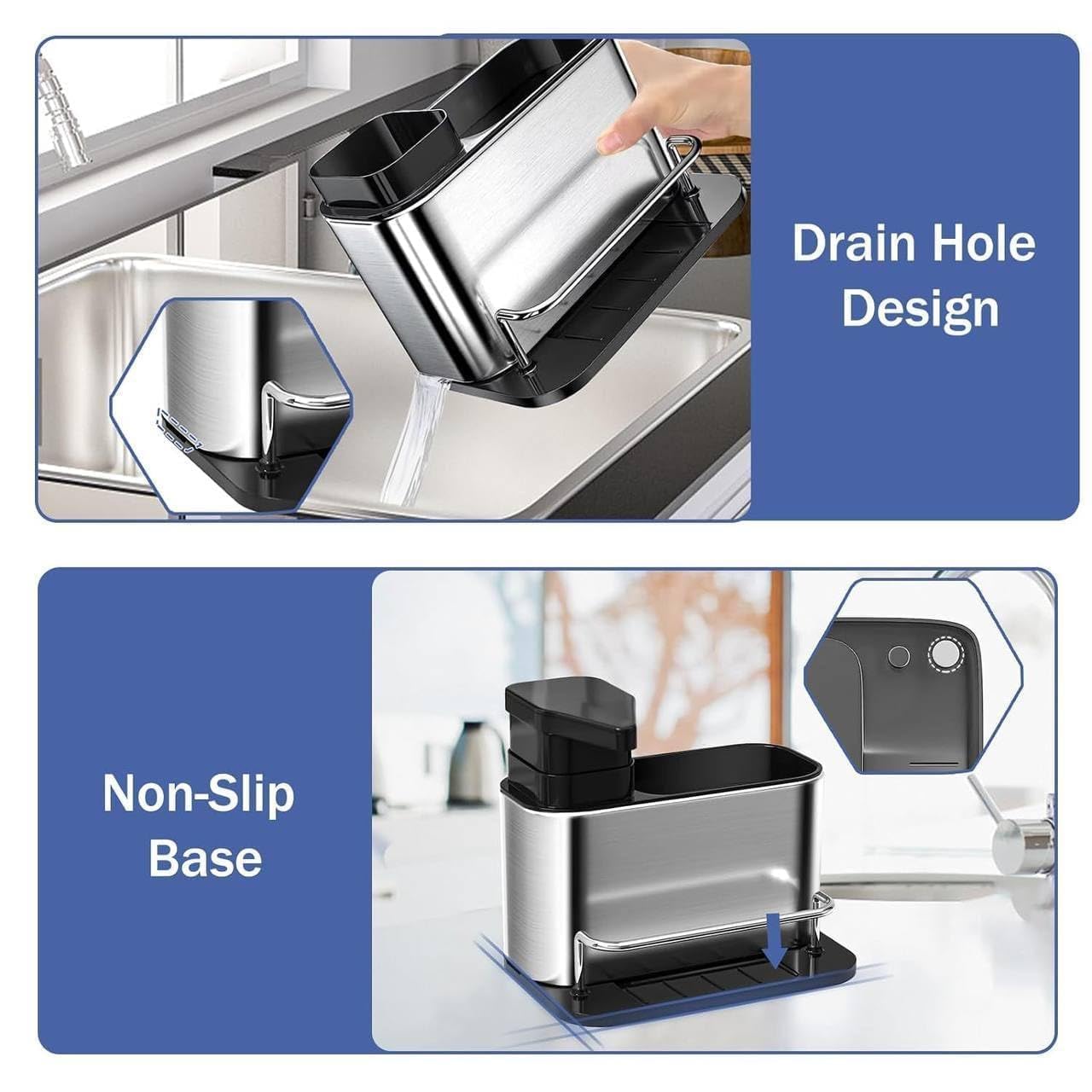 3-in-1 Kitchen Sink Organizer Caddy with Soap Dispenser | Sponge Holder, Brush Storage Compartment, Removable Drip Tray, For Kitchen Countertop
