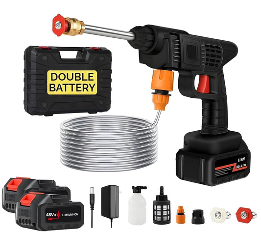 Cordless Portable Pressure Washer Gun 48V with Dual Rechargeable Batteries, Multi Spray Nozzle, Foam Bottle, Water Filter and Extension Rod for Car, Bike, Home and Outdoor Cleaning