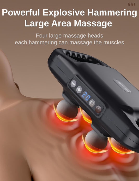 4-Head Back Massager for Pain Relief in Back, Rechargeable Electric Body Massager with 6 Massage Modes, 20 Intensity Levels, LED Display, Type-C Charging, Portable Vibration Massage Machine for Neck, Shoulder and Muscle Relaxation