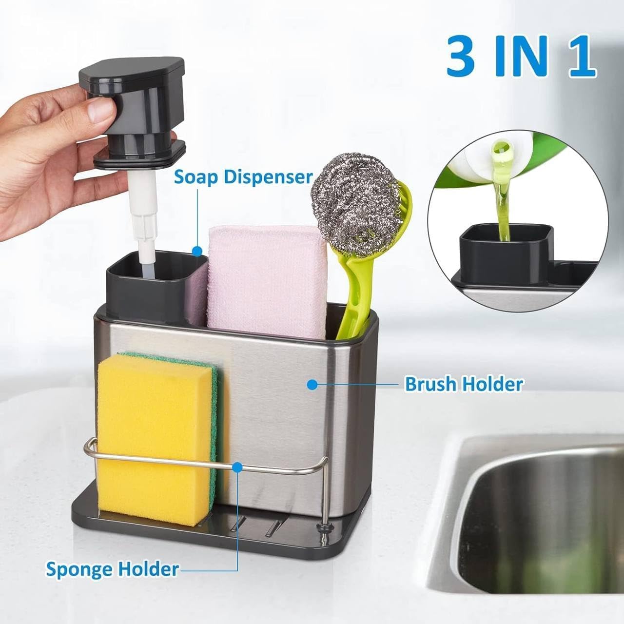 3-in-1 Kitchen Sink Organizer Caddy with Soap Dispenser | Sponge Holder, Brush Storage Compartment, Removable Drip Tray, For Kitchen Countertop