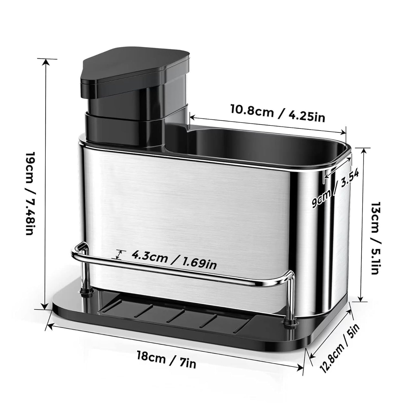 3-in-1 Kitchen Sink Organizer Caddy with Soap Dispenser | Sponge Holder, Brush Storage Compartment, Removable Drip Tray, For Kitchen Countertop