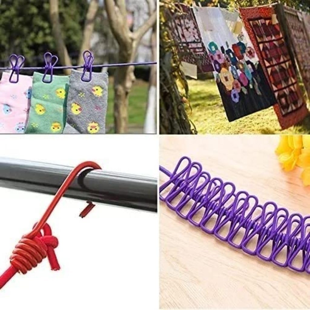 Clothes Drying Rope with Clips – Elastic Travel Clothesline with 12 Hooks for Indoor & Outdoor Laundry