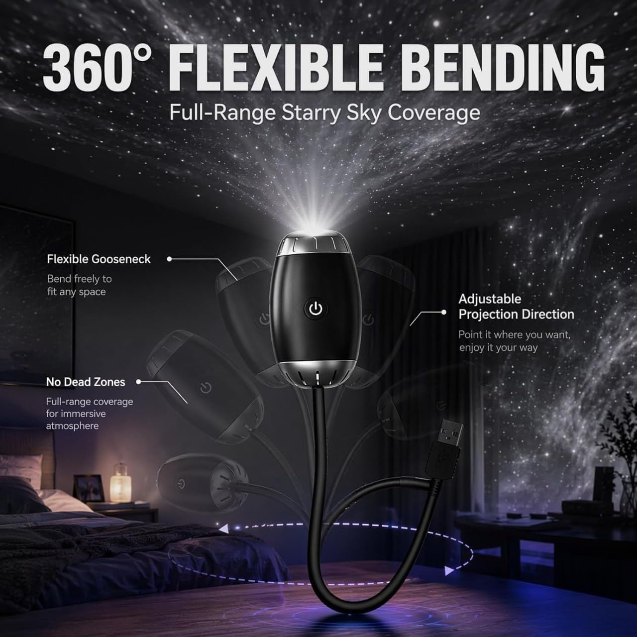 Starry Sky Projector USB Night Light with 360° Flexible Gooseneck, Adjustable Galaxy Ceiling & Wall Projection for Bedroom, Car Interior, Gaming Room & Home Decor