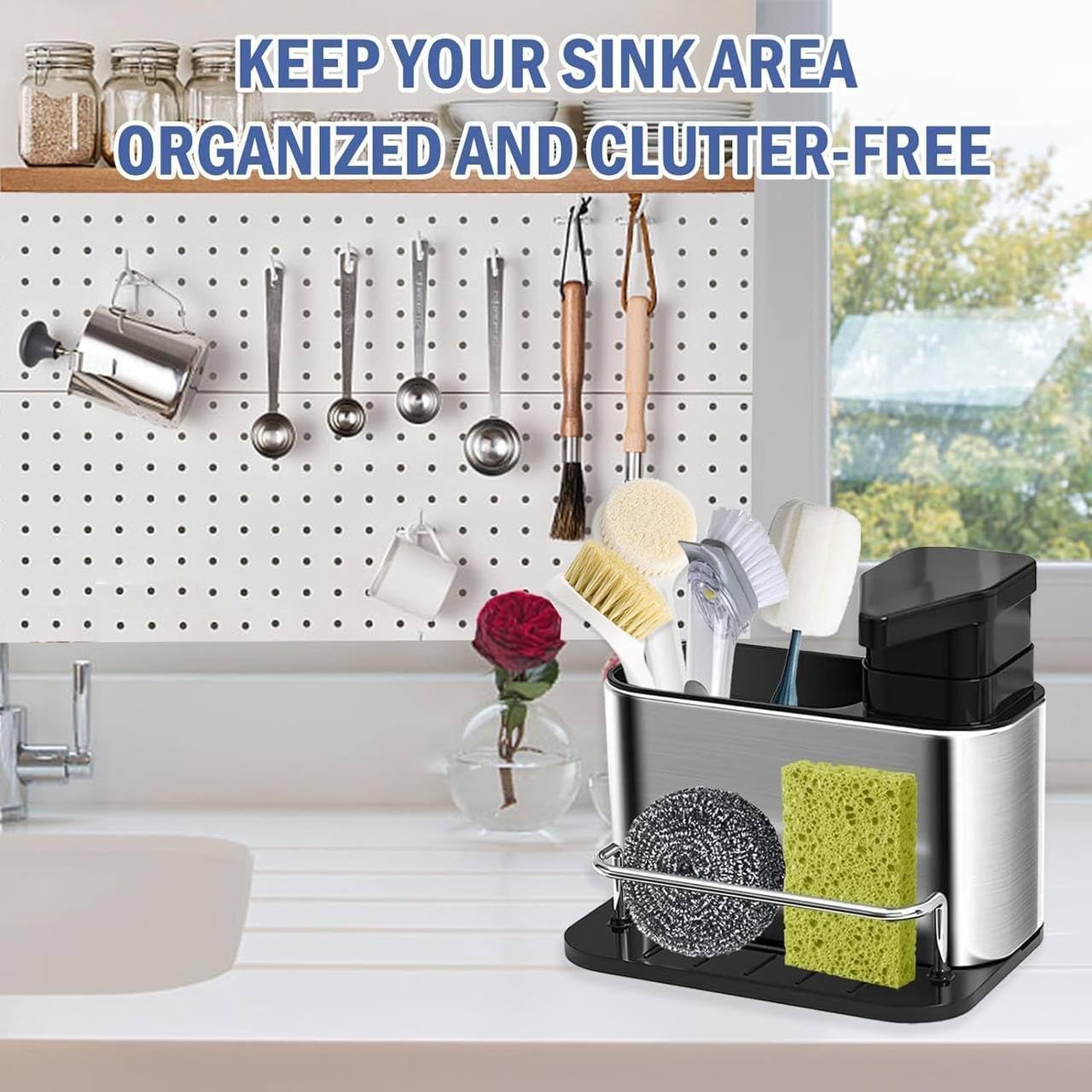 3-in-1 Kitchen Sink Organizer Caddy with Soap Dispenser | Sponge Holder, Brush Storage Compartment, Removable Drip Tray, For Kitchen Countertop