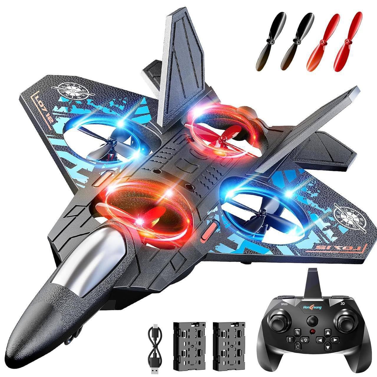 Remote Control Fighter Plane Toy with LED Lights, 2.4GHz RC Airplane, One Key Take Off, Stable Hover, 360° Stunt Roll, Rechargeable Foam Aircraft for Kids and Beginners