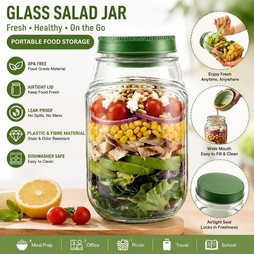 1.2 L Salad Container, Reusable Food Storage Container with Lid, Portable Lunch and Meal Prep Box for Office, Travel and Picnic