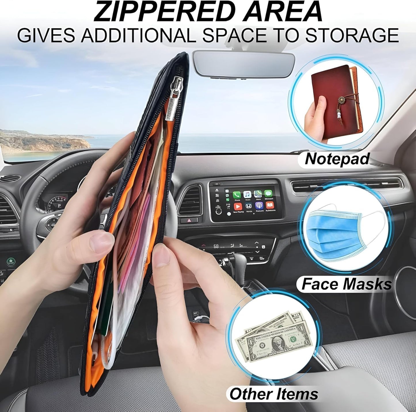 Car Sun Visor Organizer - Premium PU Leather Multi-Pocket Storage Pouch with Zipper, Sunglass Holder Clip, Pen Loop, and Card Sleeves; Universal Fit for Documents, Receipts, and Toll Slips, Grey.