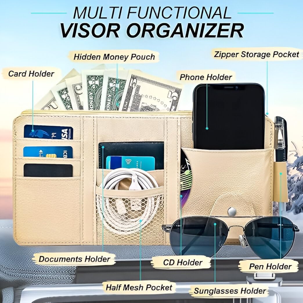 Car Sun Visor Organizer - Premium PU Leather Multi-Pocket Storage Pouch with Zipper, Sunglass Holder Clip, Pen Loop, and Card Sleeves; Universal Fit for Documents, Receipts, and Toll Slips, Grey.