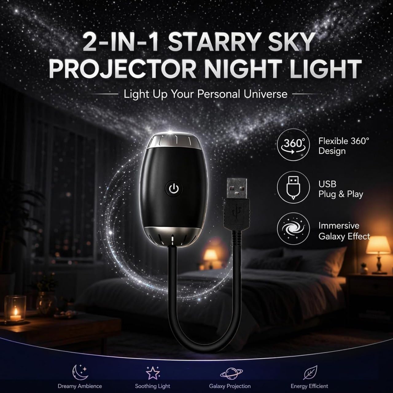 Starry Sky Projector USB Night Light with 360° Flexible Gooseneck, Adjustable Galaxy Ceiling & Wall Projection for Bedroom, Car Interior, Gaming Room & Home Decor