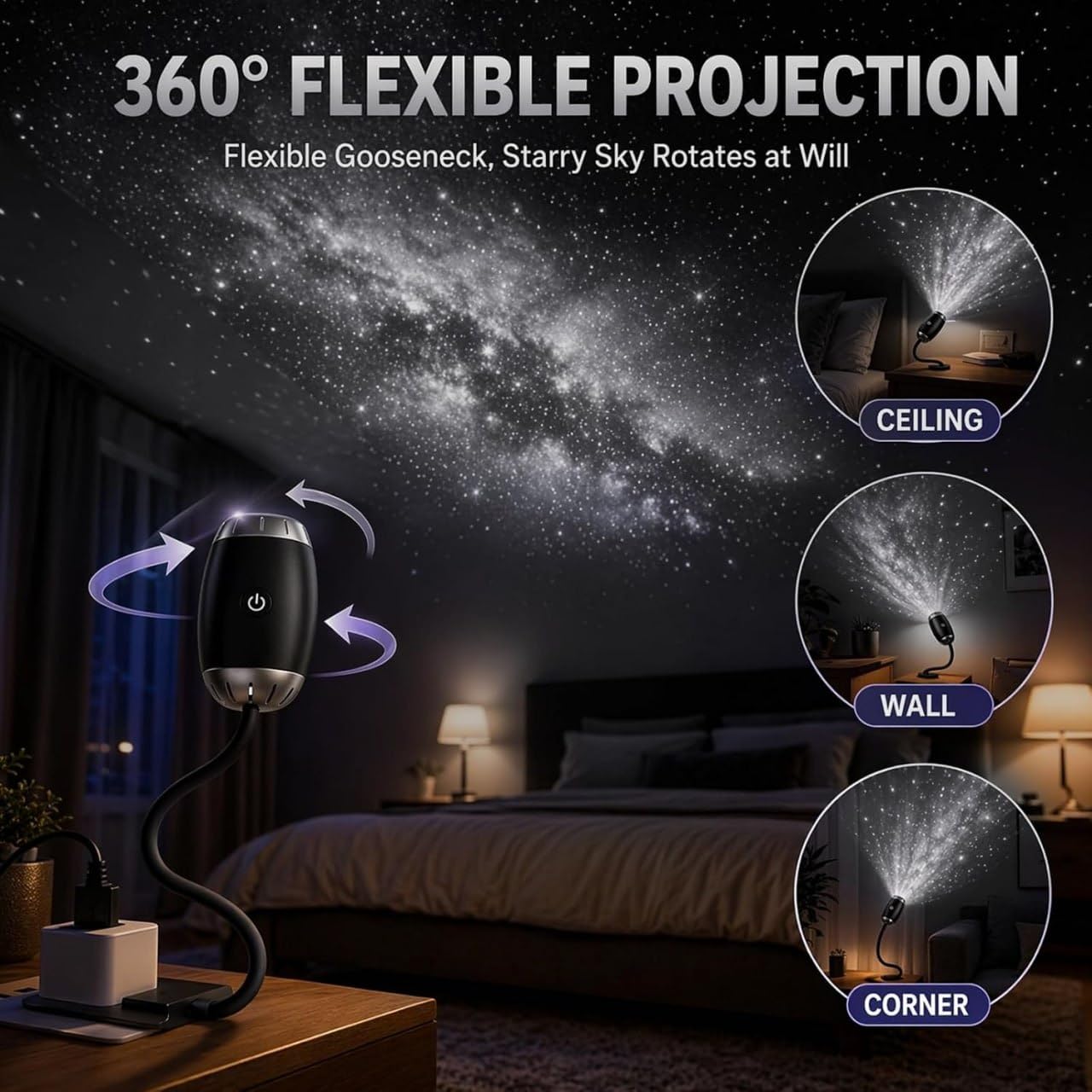 Starry Sky Projector USB Night Light with 360° Flexible Gooseneck, Adjustable Galaxy Ceiling & Wall Projection for Bedroom, Car Interior, Gaming Room & Home Decor