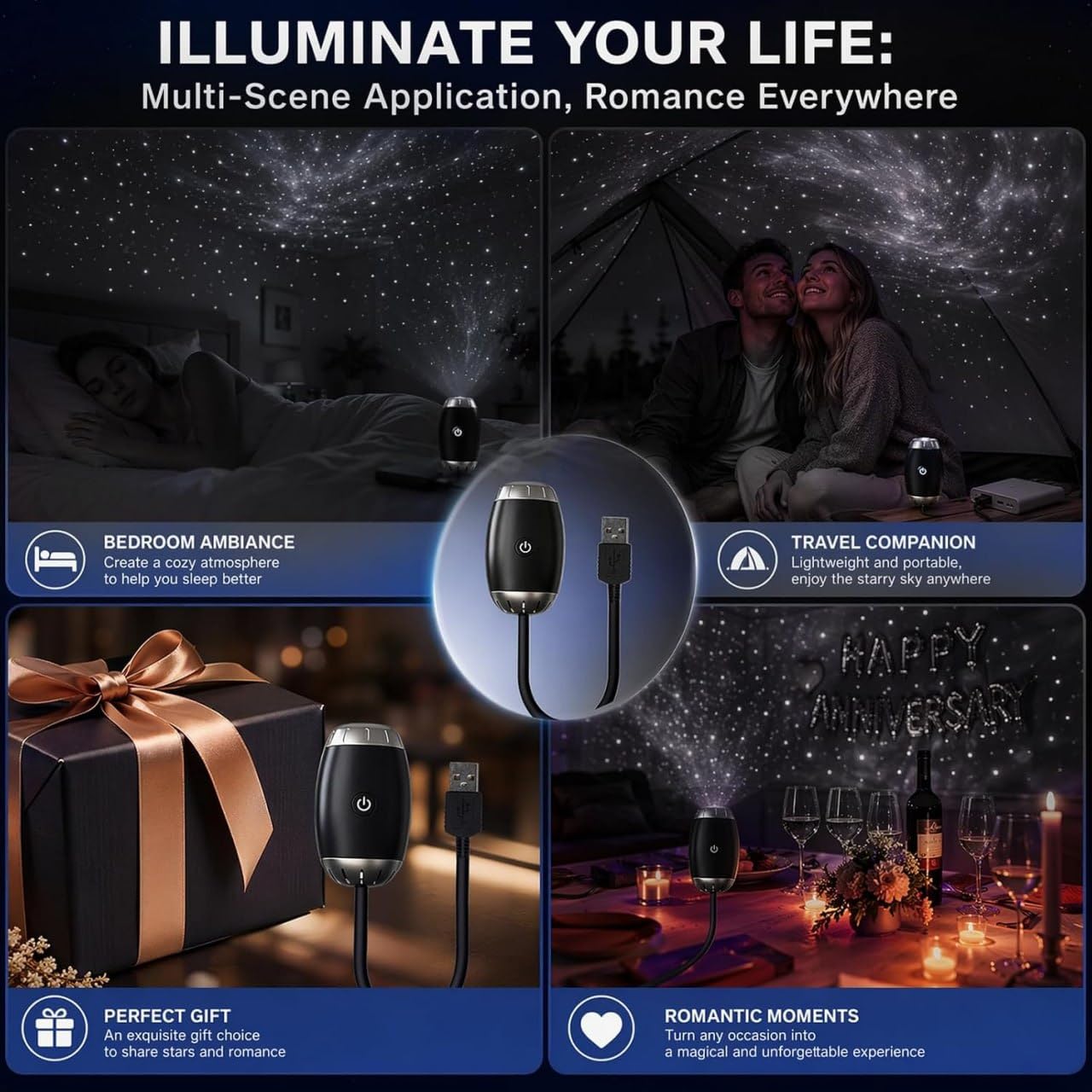 Starry Sky Projector USB Night Light with 360° Flexible Gooseneck, Adjustable Galaxy Ceiling & Wall Projection for Bedroom, Car Interior, Gaming Room & Home Decor