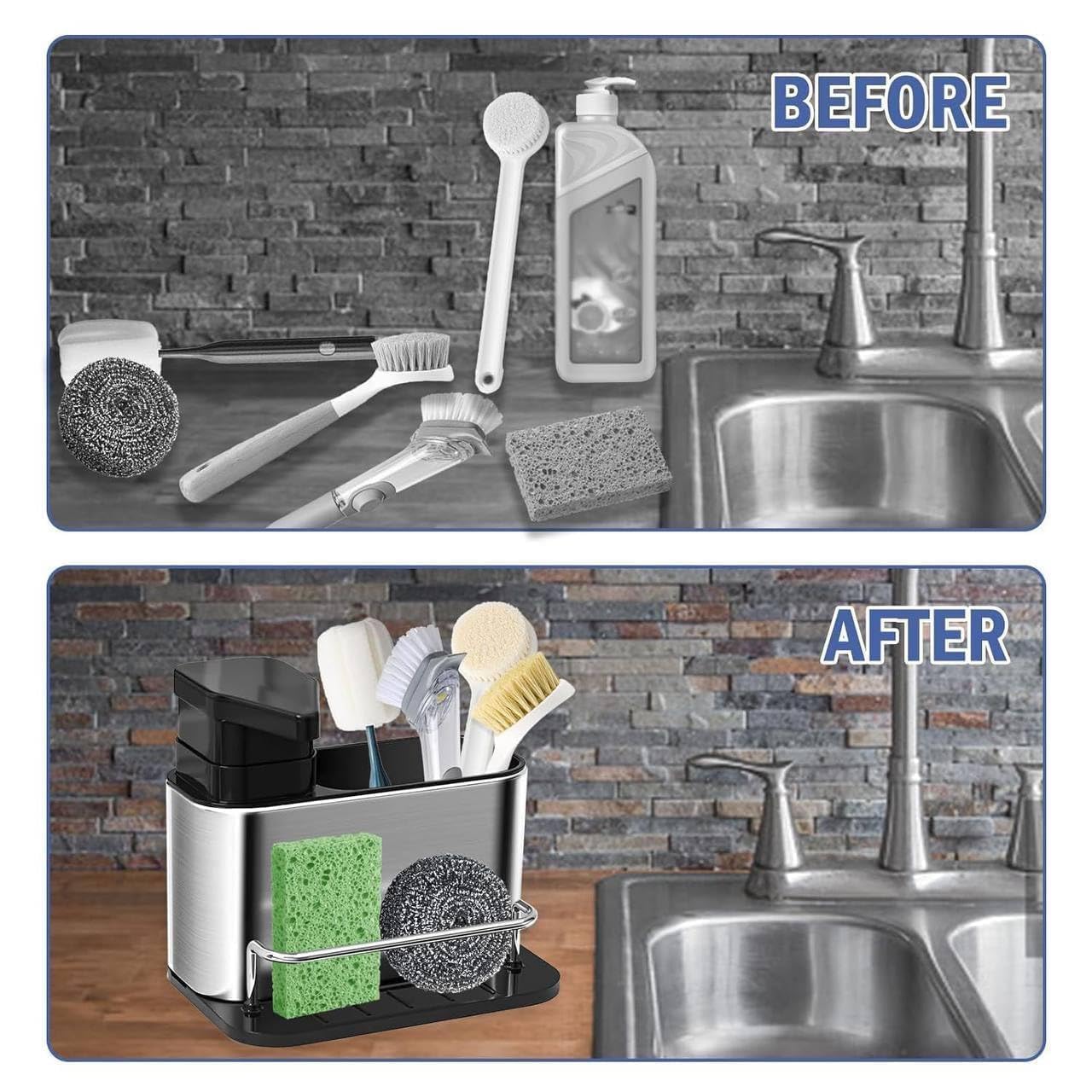 3-in-1 Kitchen Sink Organizer Caddy with Soap Dispenser | Sponge Holder, Brush Storage Compartment, Removable Drip Tray, For Kitchen Countertop