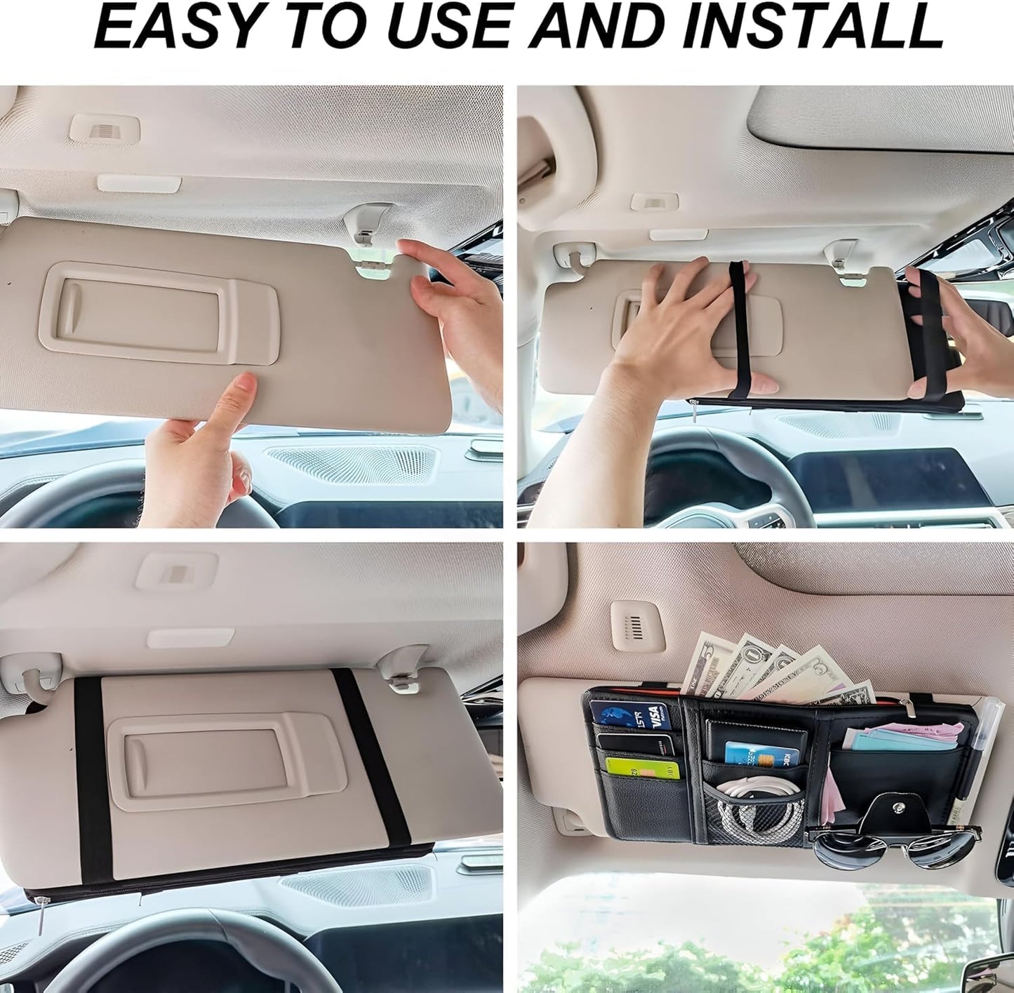 Car Sun Visor Organizer - Premium PU Leather Multi-Pocket Storage Pouch with Zipper, Sunglass Holder Clip, Pen Loop, and Card Sleeves; Universal Fit for Documents, Receipts, and Toll Slips, Grey.