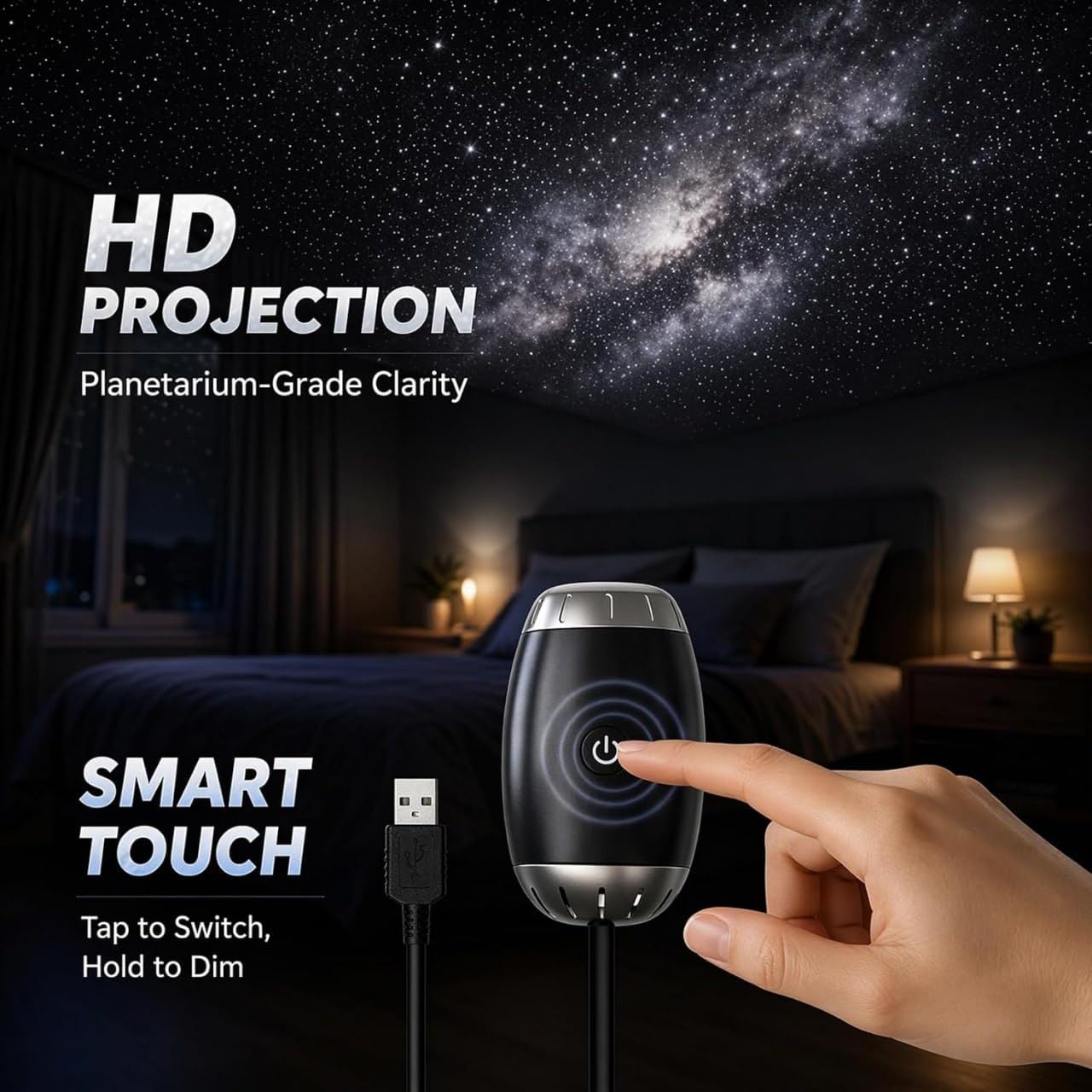 Starry Sky Projector USB Night Light with 360° Flexible Gooseneck, Adjustable Galaxy Ceiling & Wall Projection for Bedroom, Car Interior, Gaming Room & Home Decor