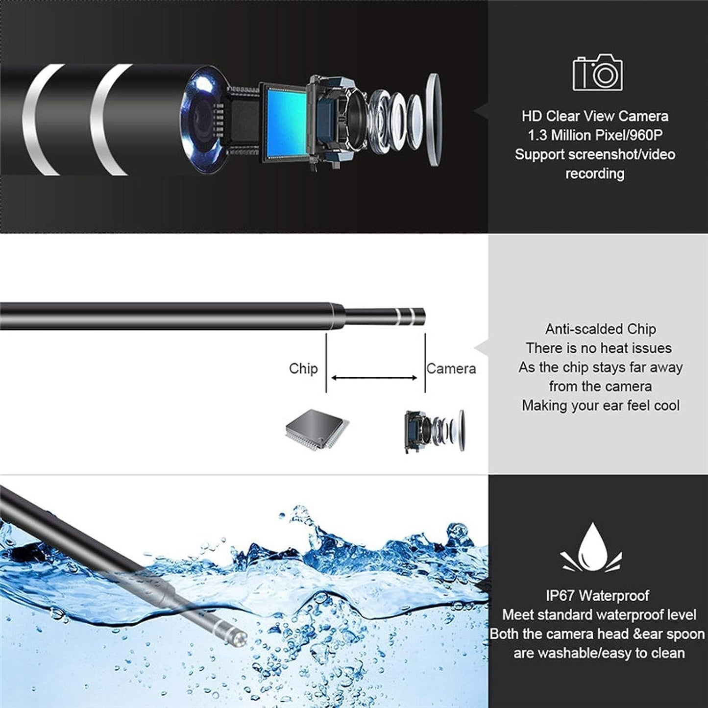 3-in-1 Mobile Endoscope HD Camera with LED Light, Waterproof Wired Inspection Camera for Ear Check, Pipe, Gap and Home Repair Use