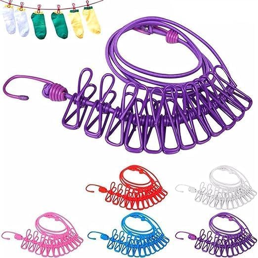 Clothes Drying Rope with Clips – Elastic Travel Clothesline with 12 Hooks for Indoor & Outdoor Laundry