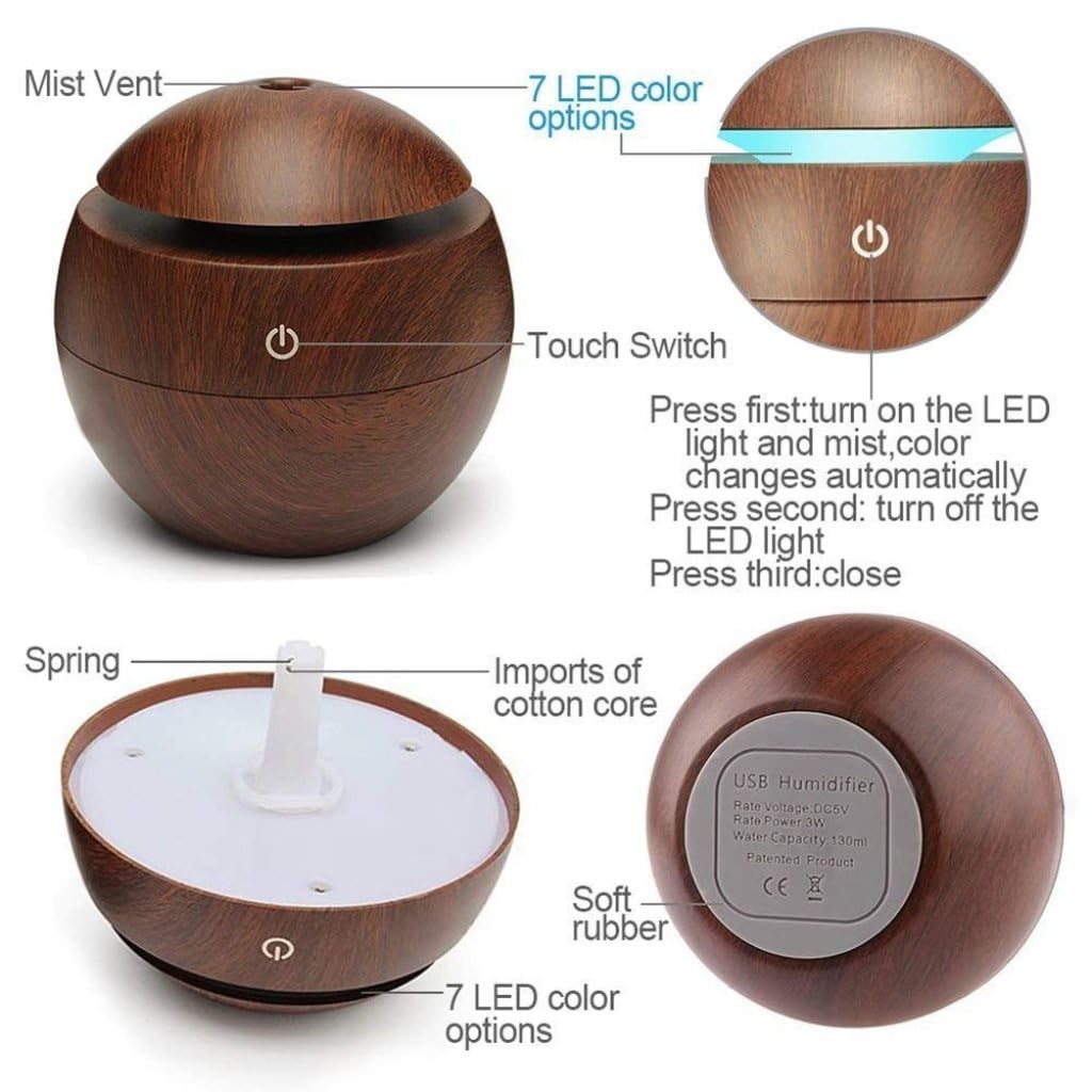 Wooden Cool Mist Humidifier & Essential Oil Aroma Diffuser with Colorful LED Light