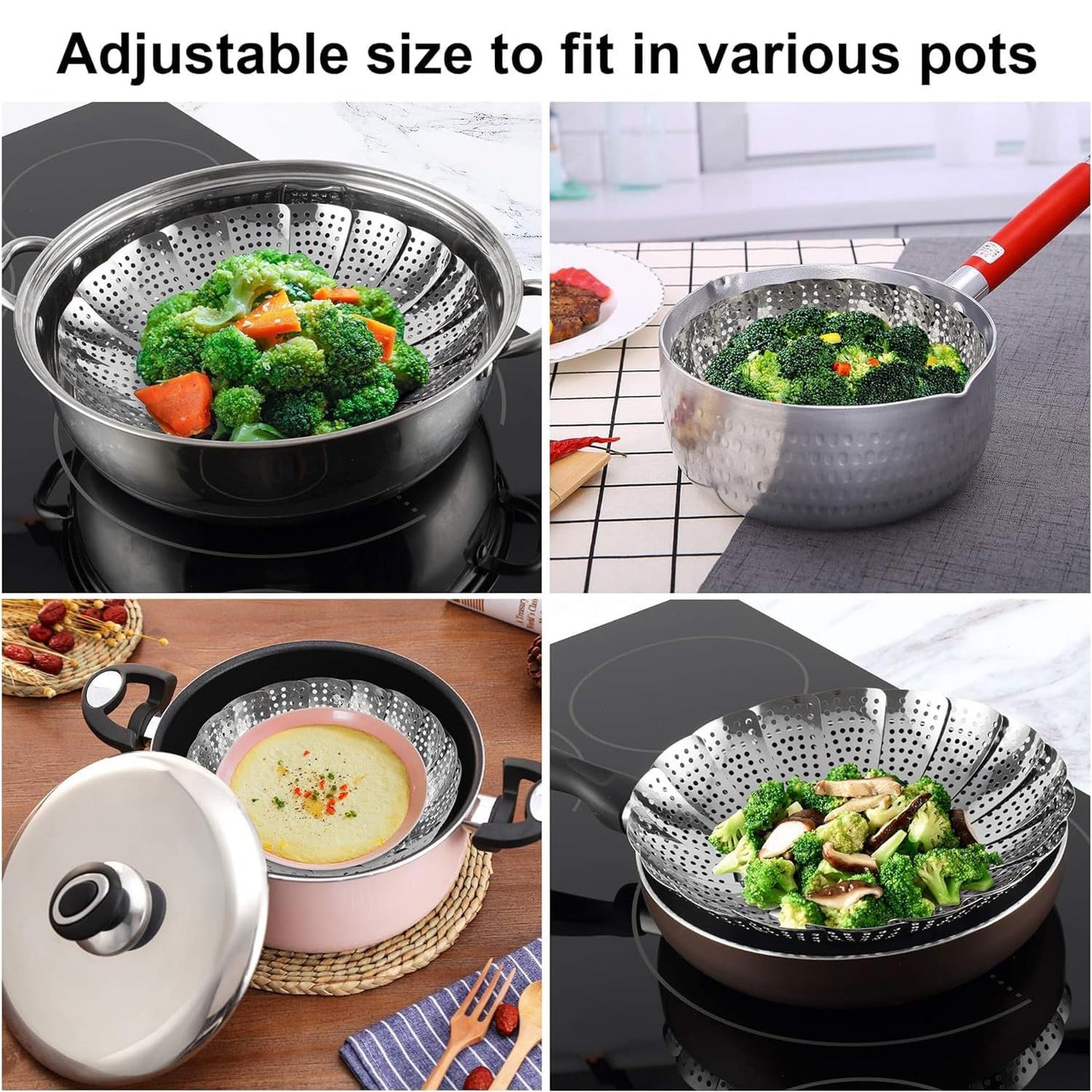 Vegetable Steamer Basket Expandable Stainless Steel Folding Steam Rack for Cooking Vegetables Momos Fruits Pasta and Pressure Cooker Use