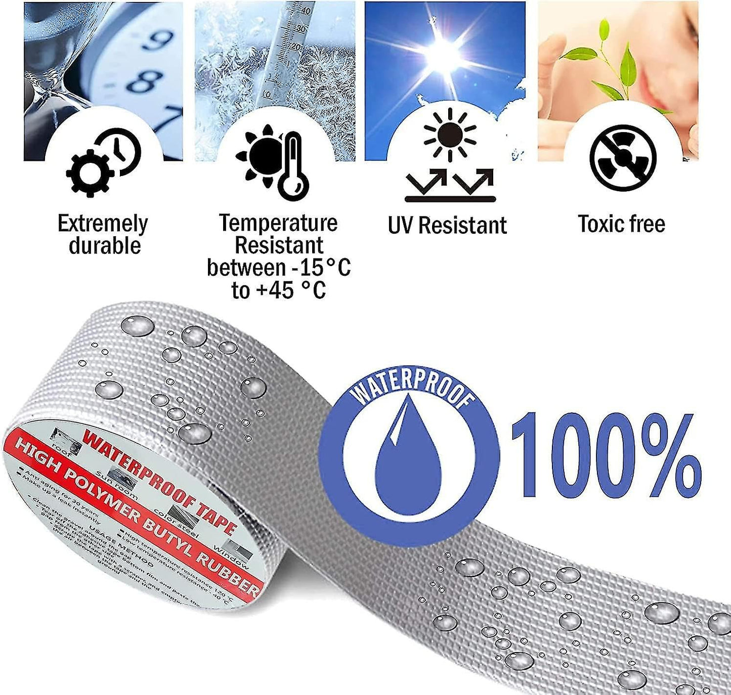 Waterproof Aluminium Butyl Tape 4 Inch x 5 Meter, Self-Adhesive Aluminium Foil Sealing Tape for Roof, Pipe, Gutter, Window Gap and Surface Crack Repair, Silver