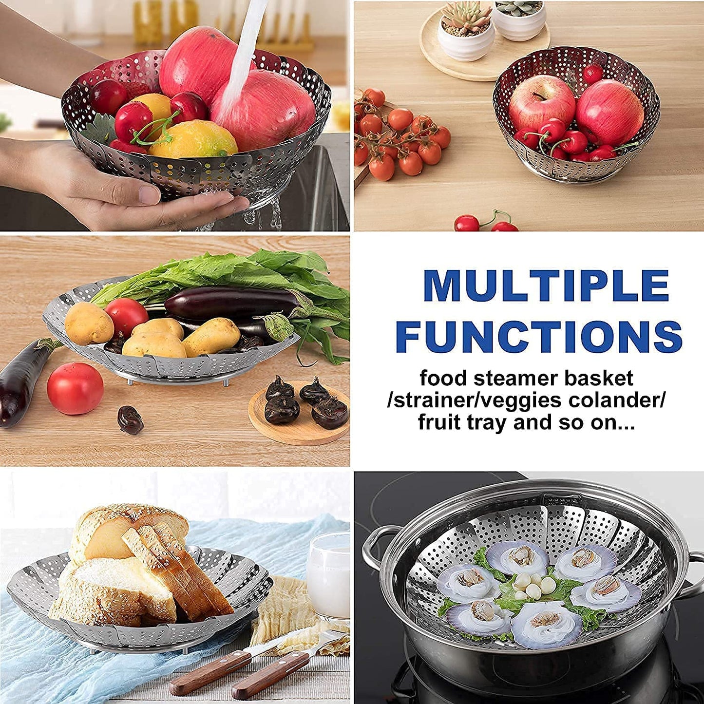 Vegetable Steamer Basket Expandable Stainless Steel Folding Steam Rack for Cooking Vegetables Momos Fruits Pasta and Pressure Cooker Use