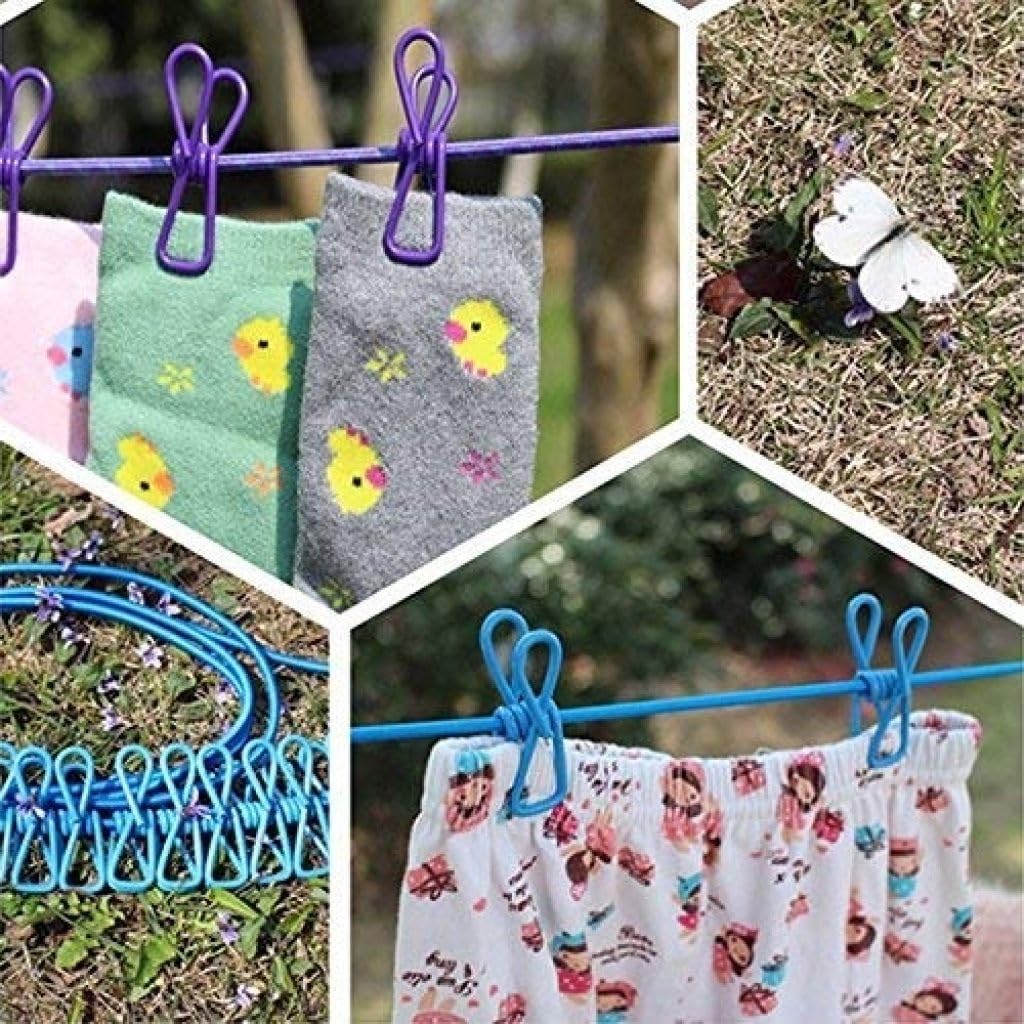 Clothes Drying Rope with Clips – Elastic Travel Clothesline with 12 Hooks for Indoor & Outdoor Laundry