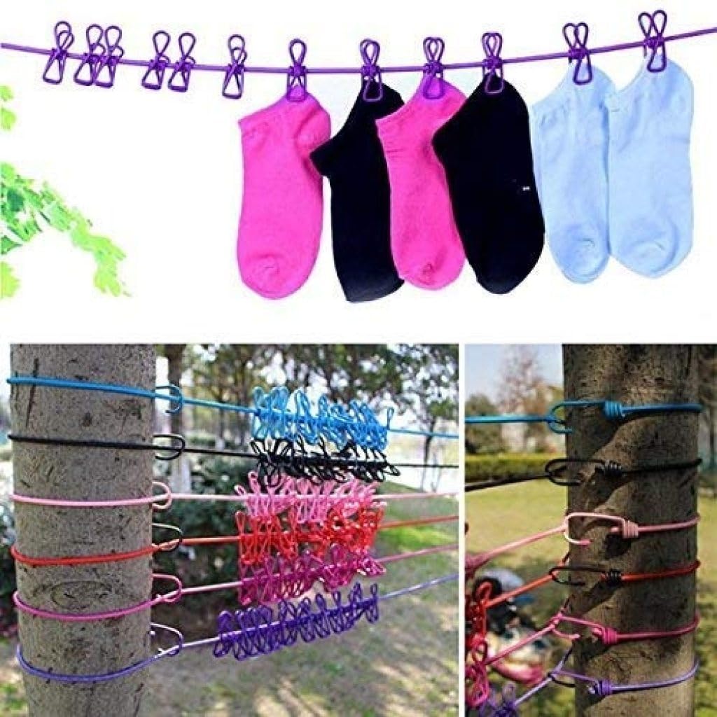 Clothes Drying Rope with Clips – Elastic Travel Clothesline with 12 Hooks for Indoor & Outdoor Laundry