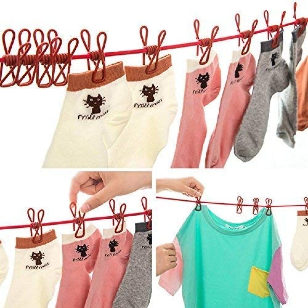 Clothes Drying Rope with Clips – Elastic Travel Clothesline with 12 Hooks for Indoor & Outdoor Laundry